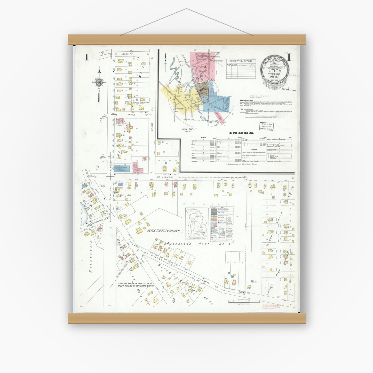Old map wall art mockup — magnetic wood frame on white wall — Sanborn Fire Insurance Map from Utica, Macomb County, Michigan (1941) - Complete Map Set