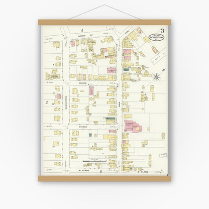 Old map wall art mockup — magnetic wood frame on white wall — Sanborn Fire Insurance Map from Hackettstown, Warren County, New Jersey (1909), Sheet #0003