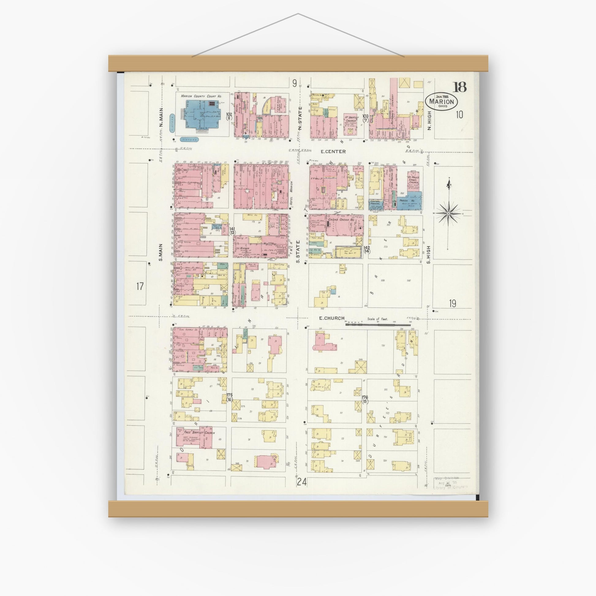 Old map wall art mockup — magnetic wood frame on white wall — Sanborn Fire Insurance Map from Marion, Marion County, Ohio (1908), Sheet #0018