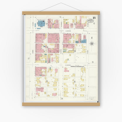 Old map wall art mockup — magnetic wood frame on white wall — Sanborn Fire Insurance Map from Marion, Marion County, Ohio (1908), Sheet #0018