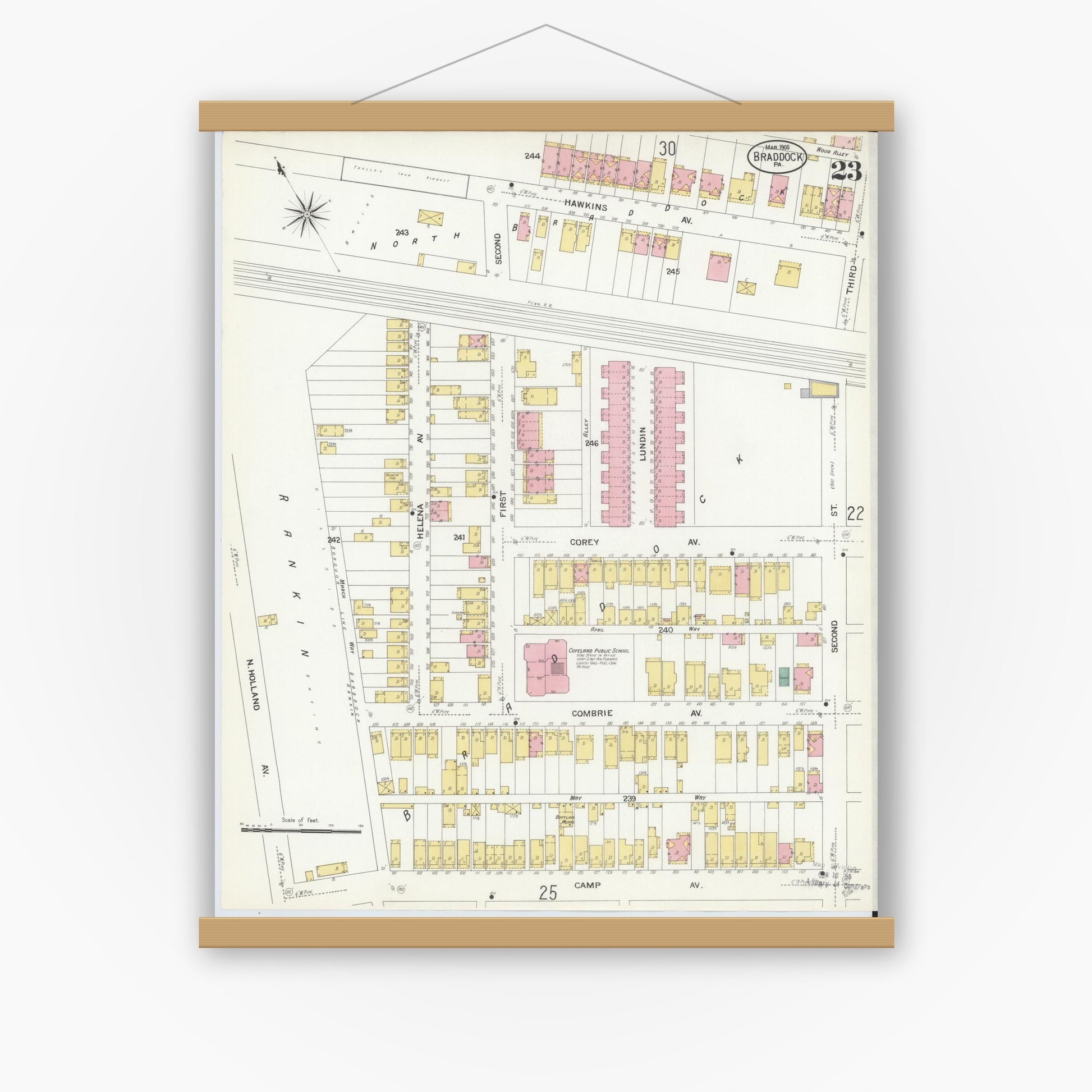 Old map wall art mockup — magnetic wood frame on white wall — Sanborn Fire Insurance Map from Braddock, Allegheny County, Pennsylvania (1908), Sheet #0023