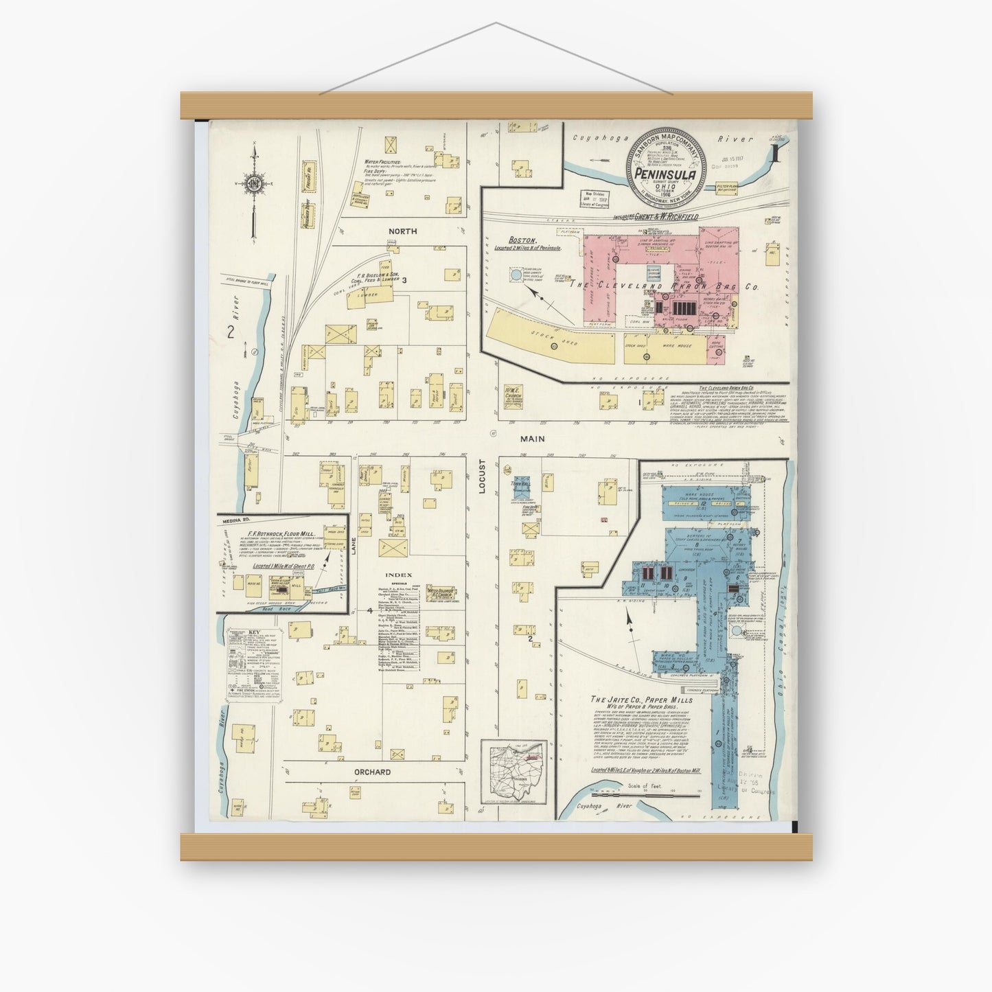 Old map wall art mockup — magnetic wood frame on white wall — Sanborn Fire Insurance Map from Peninsula, Summit County, Ohio (1916), Sheet #0001