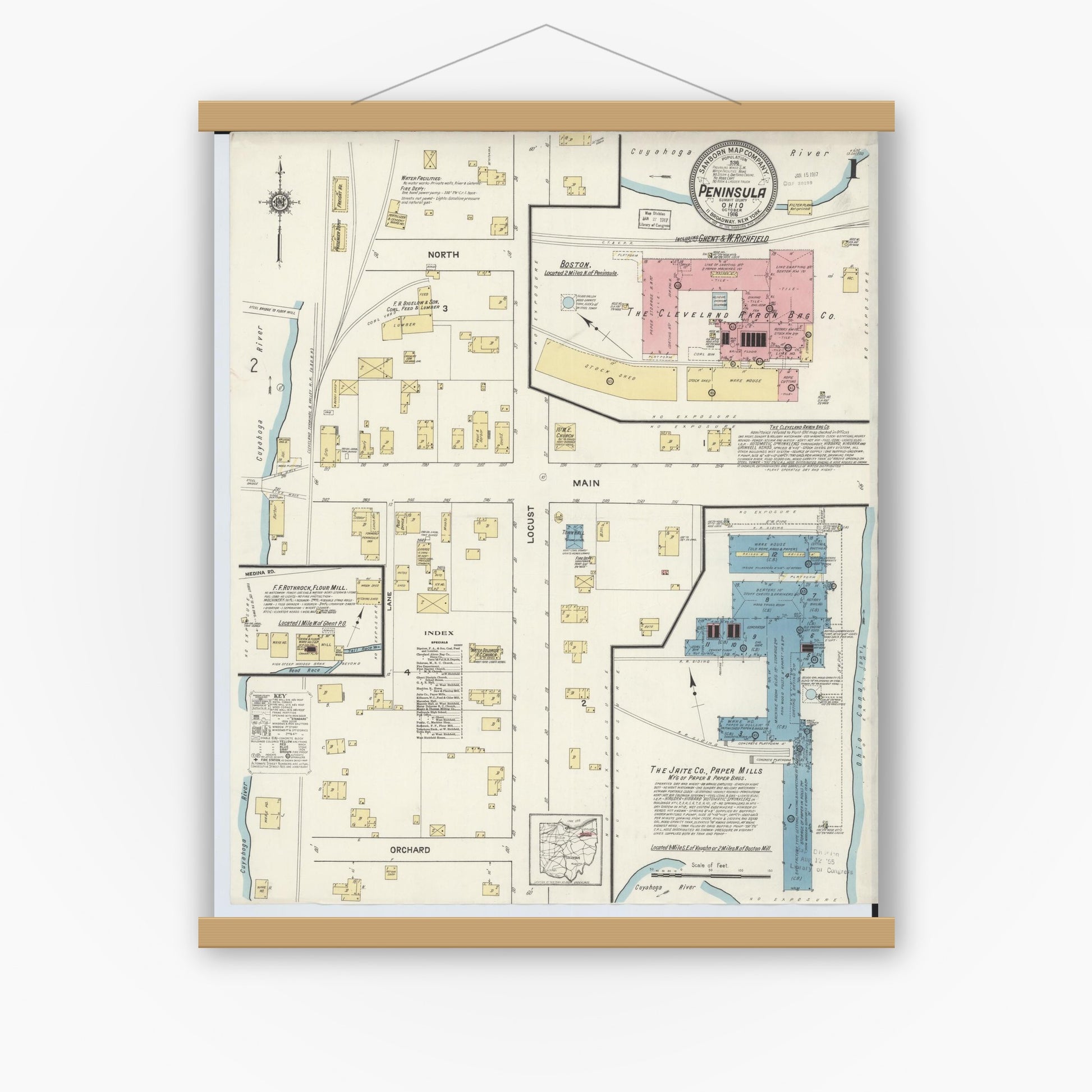 Old map wall art mockup — magnetic wood frame on white wall — Sanborn Fire Insurance Map from Peninsula, Summit County, Ohio (1916), Sheet #0001