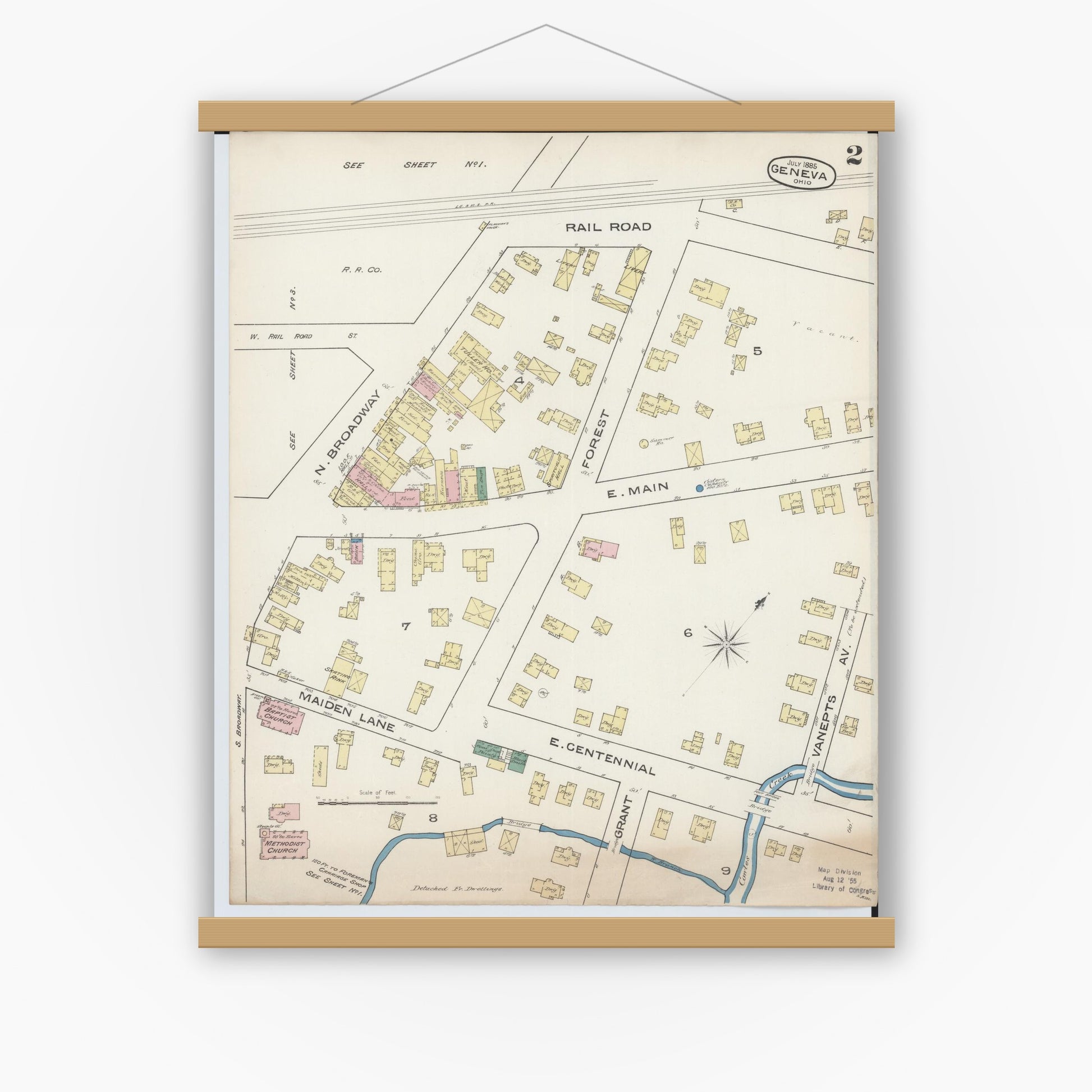 Old map wall art mockup — magnetic wood frame on white wall — Sanborn Fire Insurance Map from Geneva, Ashtabula County, Ohio (1885), Sheet #0002