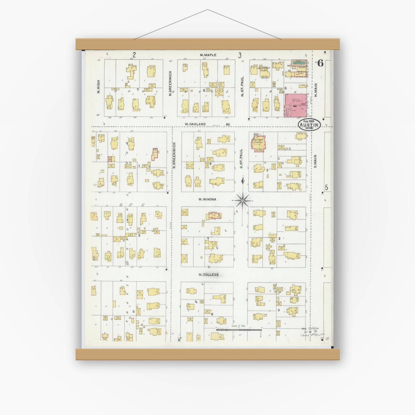 Old map wall art mockup — magnetic wood frame on white wall — Sanborn Fire Insurance Map from Austin, Mower County, Minnesota (1905), Sheet #0006