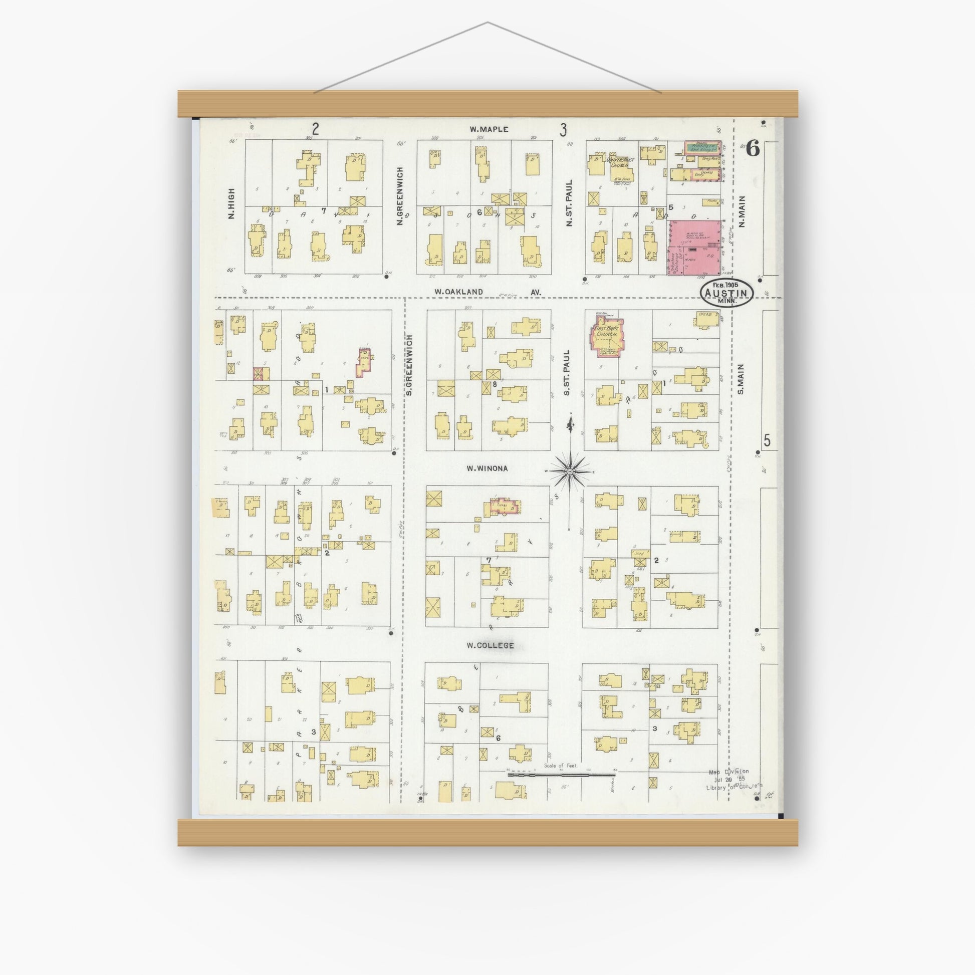 Old map wall art mockup — magnetic wood frame on white wall — Sanborn Fire Insurance Map from Austin, Mower County, Minnesota (1905), Sheet #0006