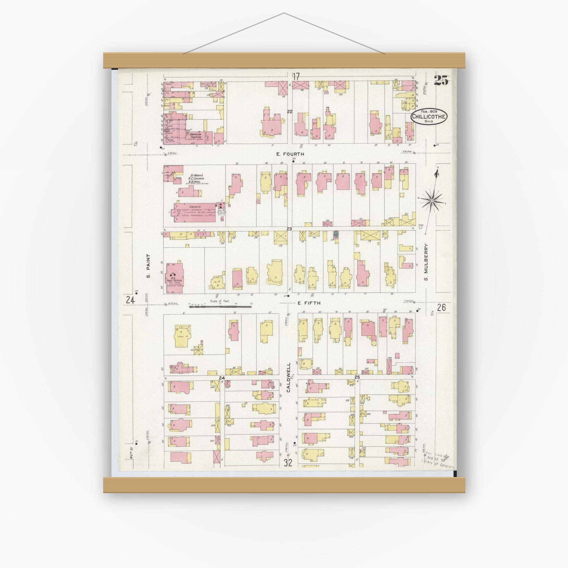 Old map wall art mockup — magnetic wood frame on white wall — Sanborn Fire Insurance Map from Chillicothe, Ross County, Ohio (1909), Sheet #0025