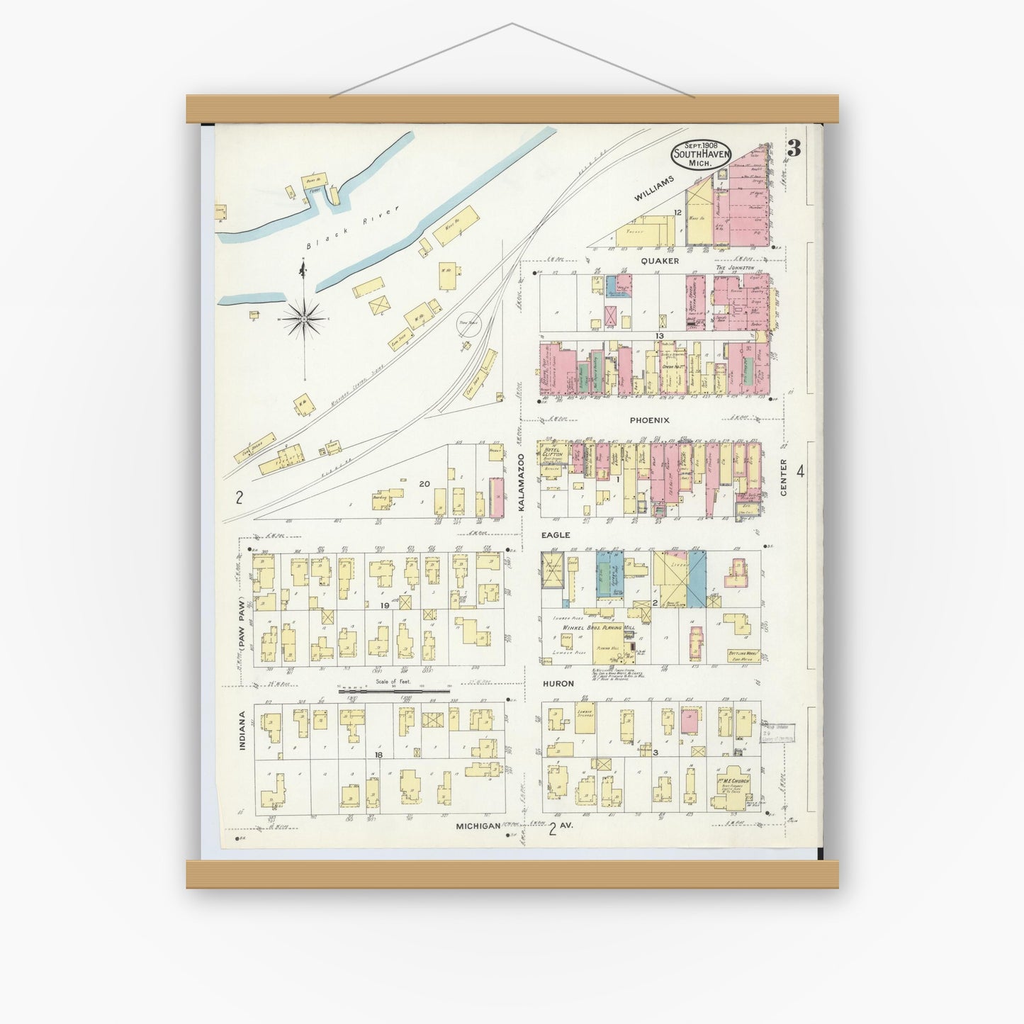 Old map wall art mockup — magnetic wood frame on white wall — Sanborn Fire Insurance Map from South Haven, Van Buren County, Michigan (1908), Sheet #0003