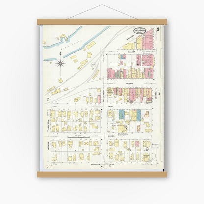 Old map wall art mockup — magnetic wood frame on white wall — Sanborn Fire Insurance Map from South Haven, Van Buren County, Michigan (1908), Sheet #0003