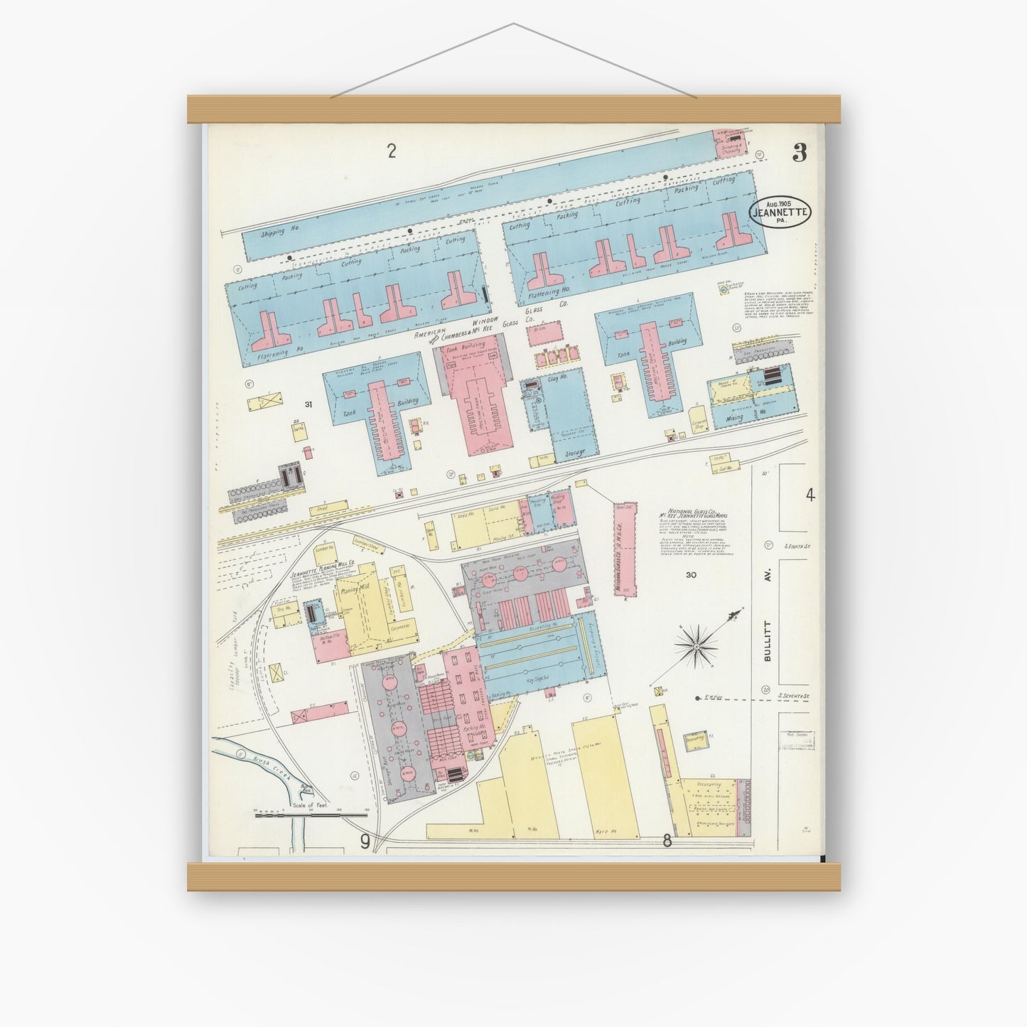 Old map wall art mockup — magnetic wood frame on white wall — Sanborn Fire Insurance Map from Jeannette, Westmoreland County, Pennsylvania (1905), Sheet #0003
