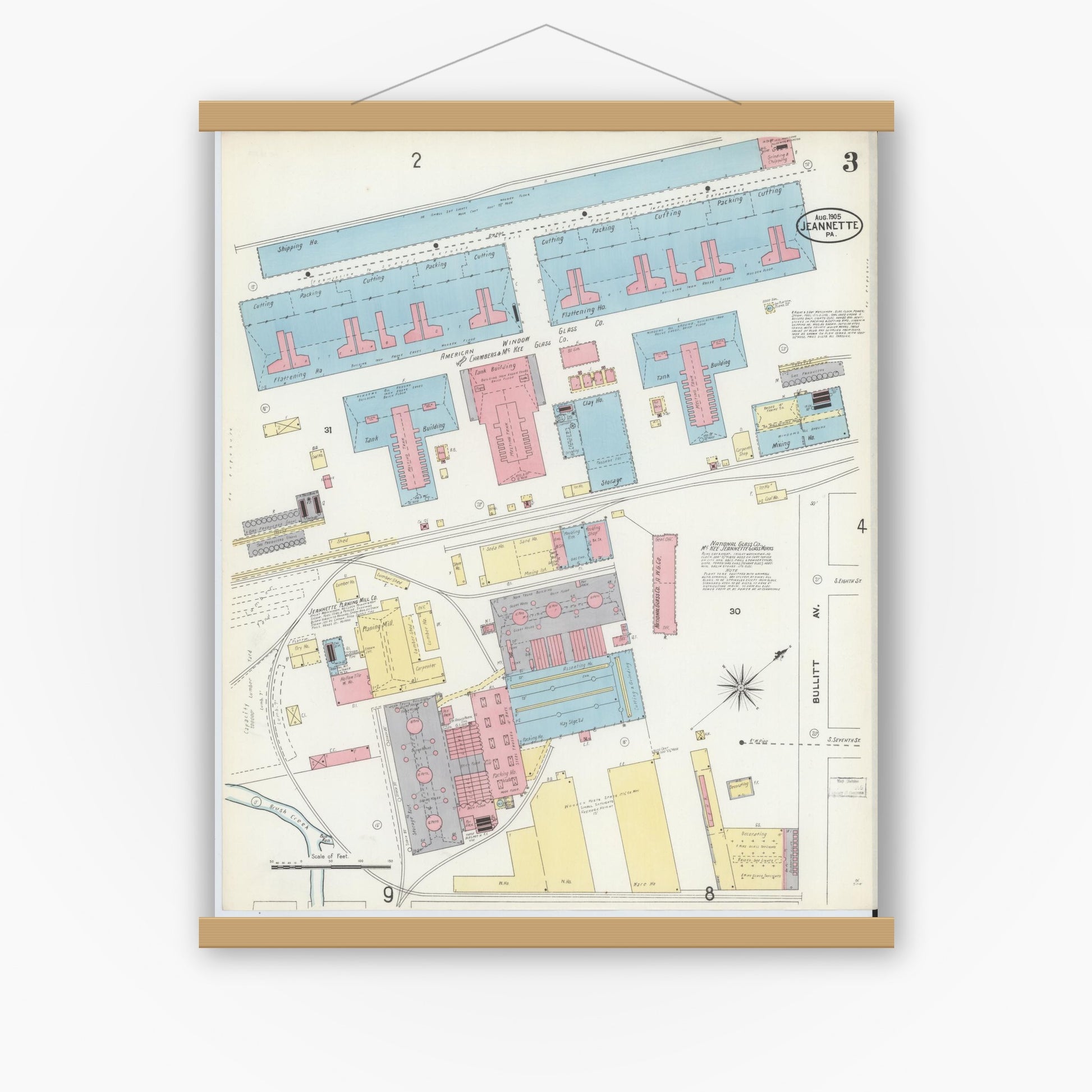 Old map wall art mockup — magnetic wood frame on white wall — Sanborn Fire Insurance Map from Jeannette, Westmoreland County, Pennsylvania (1905), Sheet #0003