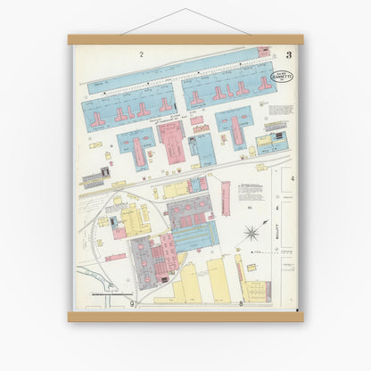 Old map wall art mockup — magnetic wood frame on white wall — Sanborn Fire Insurance Map from Jeannette, Westmoreland County, Pennsylvania (1905), Sheet #0003