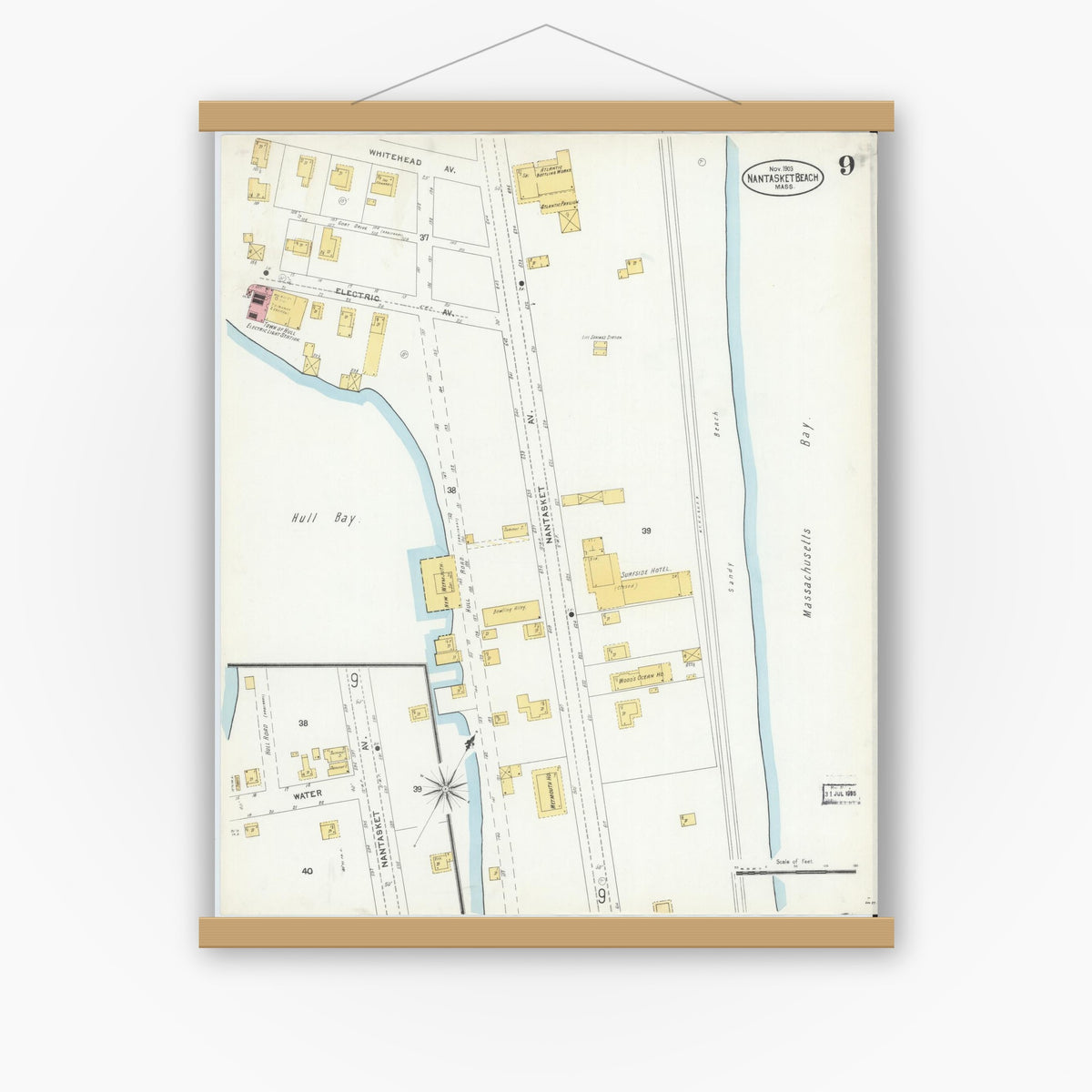 Old map wall art mockup — magnetic wood frame on white wall — Sanborn Fire Insurance Map from Nantasket Beach, Plymouth County, Massachusetts (1903), Sheet #0009