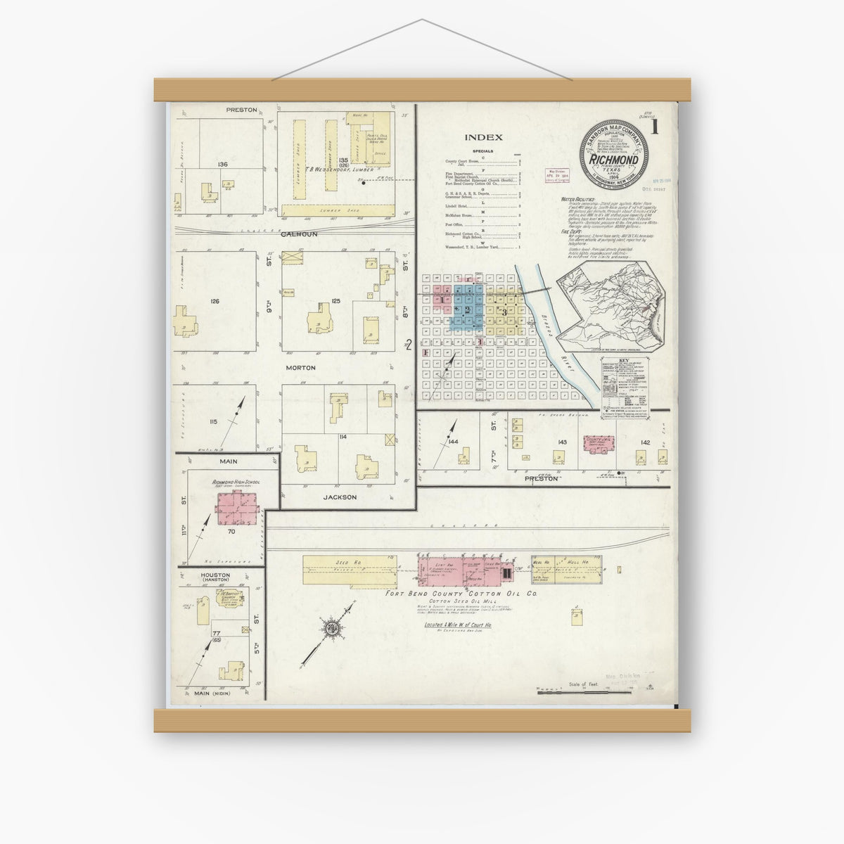 Old map wall art mockup — magnetic wood frame on white wall — Sanborn Fire Insurance Map from Richmond, Fort Bend County, Texas (1914), Sheet #0001