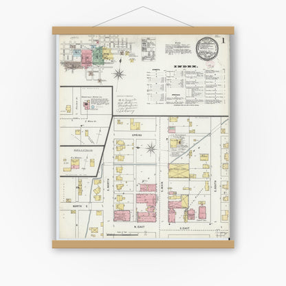 Old map wall art mockup — magnetic wood frame on white wall — Sanborn Fire Insurance Map from Greenfield, Hancock County, Indiana (1895) - Complete Map Set