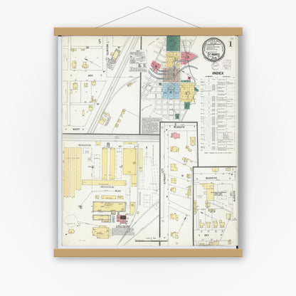 Old map wall art mockup — magnetic wood frame on white wall — Sanborn Fire Insurance Map from Saint Marys, Auglaize County, Ohio (1901) - Complete Map Set
