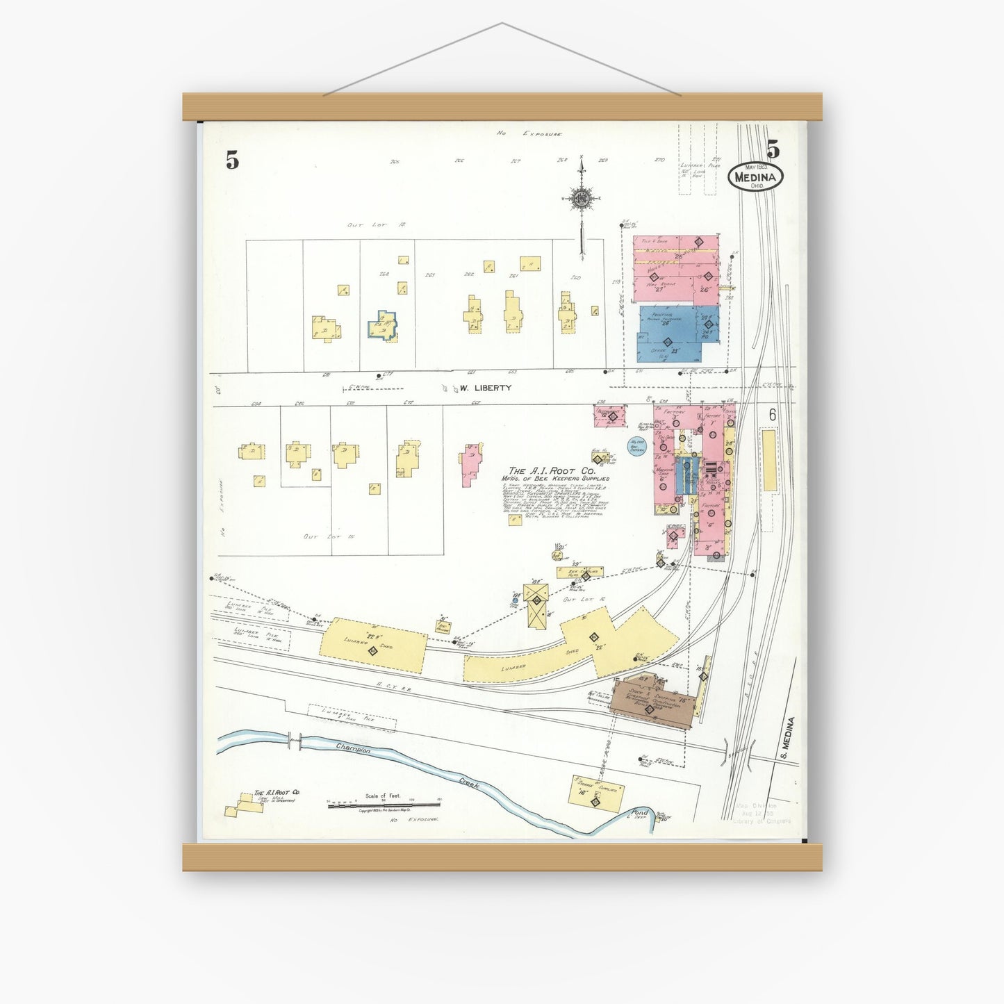 Old map wall art mockup — magnetic wood frame on white wall — Sanborn Fire Insurance Map from Medina, Medina County, Ohio (1923), Sheet #0005