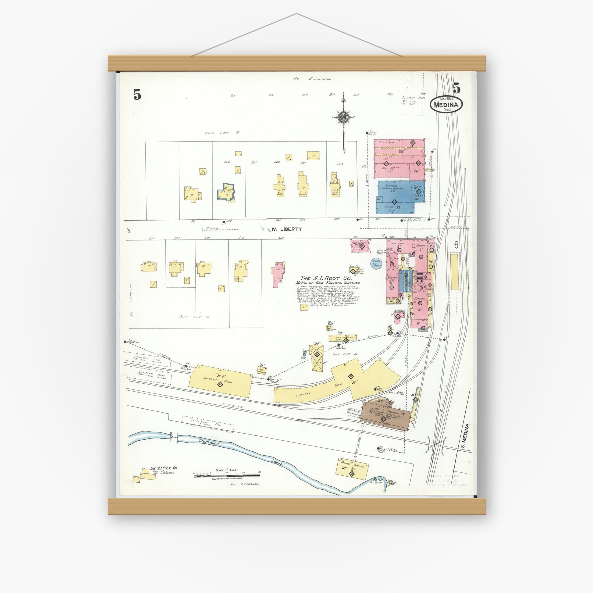 Old map wall art mockup — magnetic wood frame on white wall — Sanborn Fire Insurance Map from Medina, Medina County, Ohio (1923), Sheet #0005