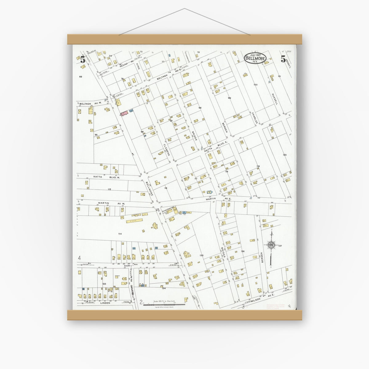 Old map wall art mockup — magnetic wood frame on white wall — Sanborn Fire Insurance Map from Bellmore, Nassau County, New York (1927), Sheet #0005
