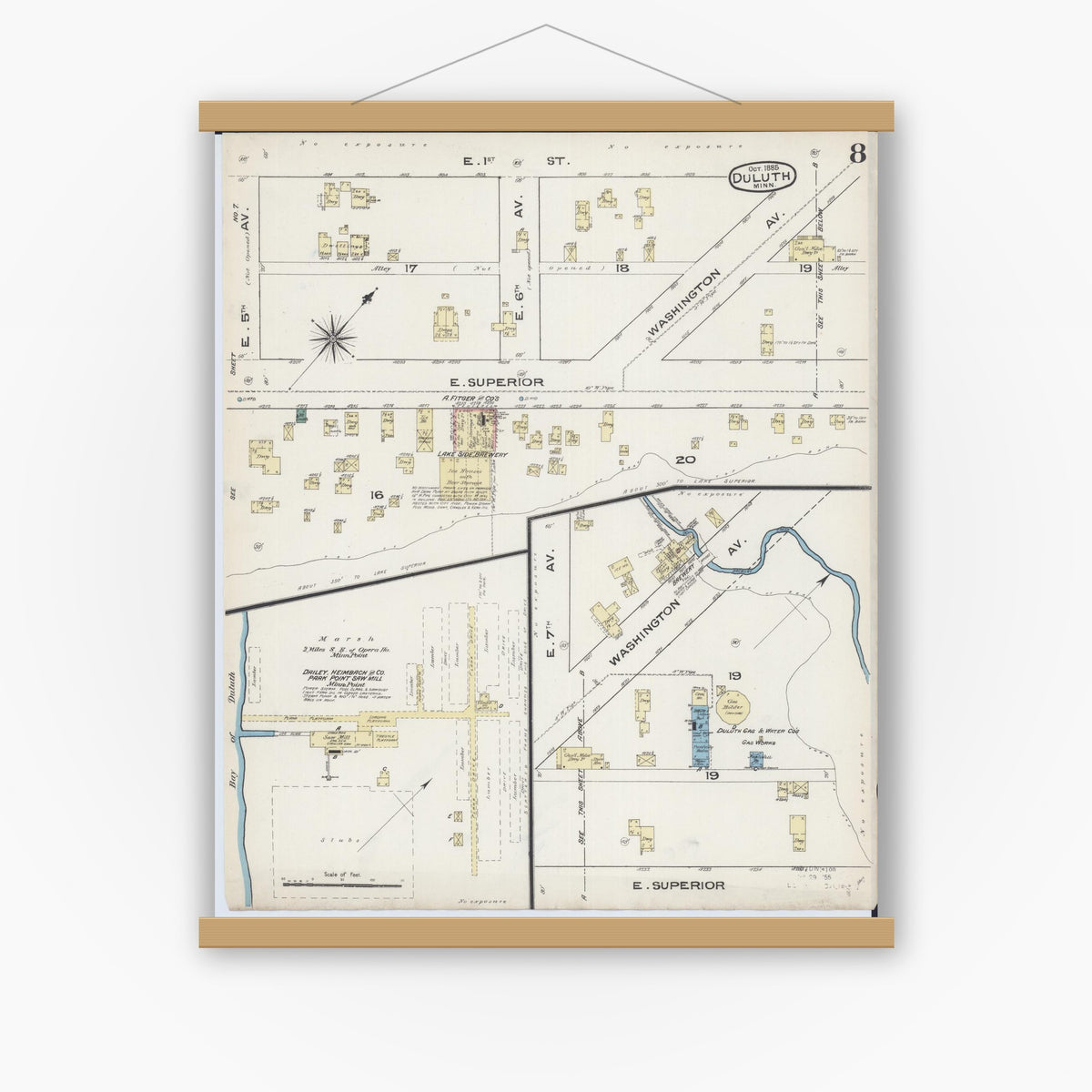 Old map wall art mockup — magnetic wood frame on white wall — Sanborn Fire Insurance Map from Duluth, Saint Louis County, Minnesota (1885), Sheet #0008
