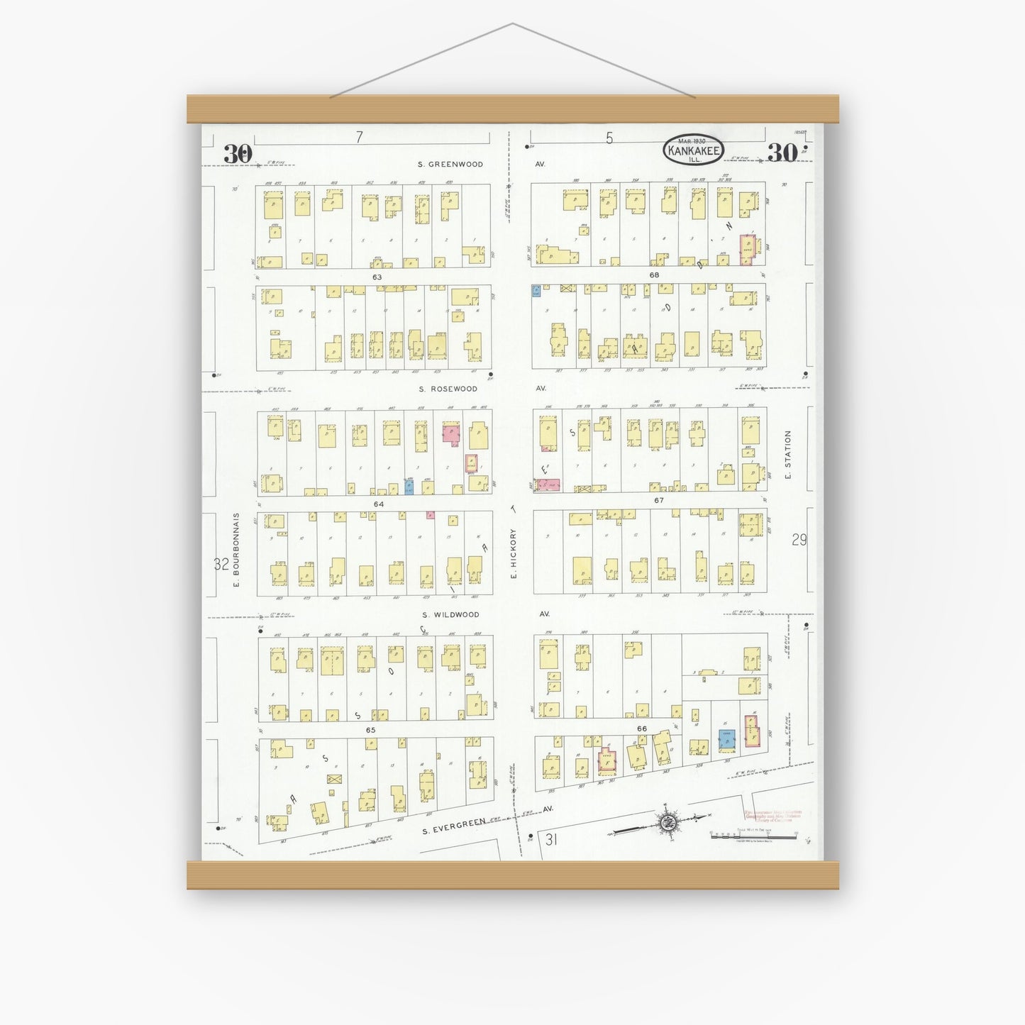 Old map wall art mockup — magnetic wood frame on white wall — Sanborn Fire Insurance Map from Kankakee, Kankakee County, Illinois (1930), Sheet #0030