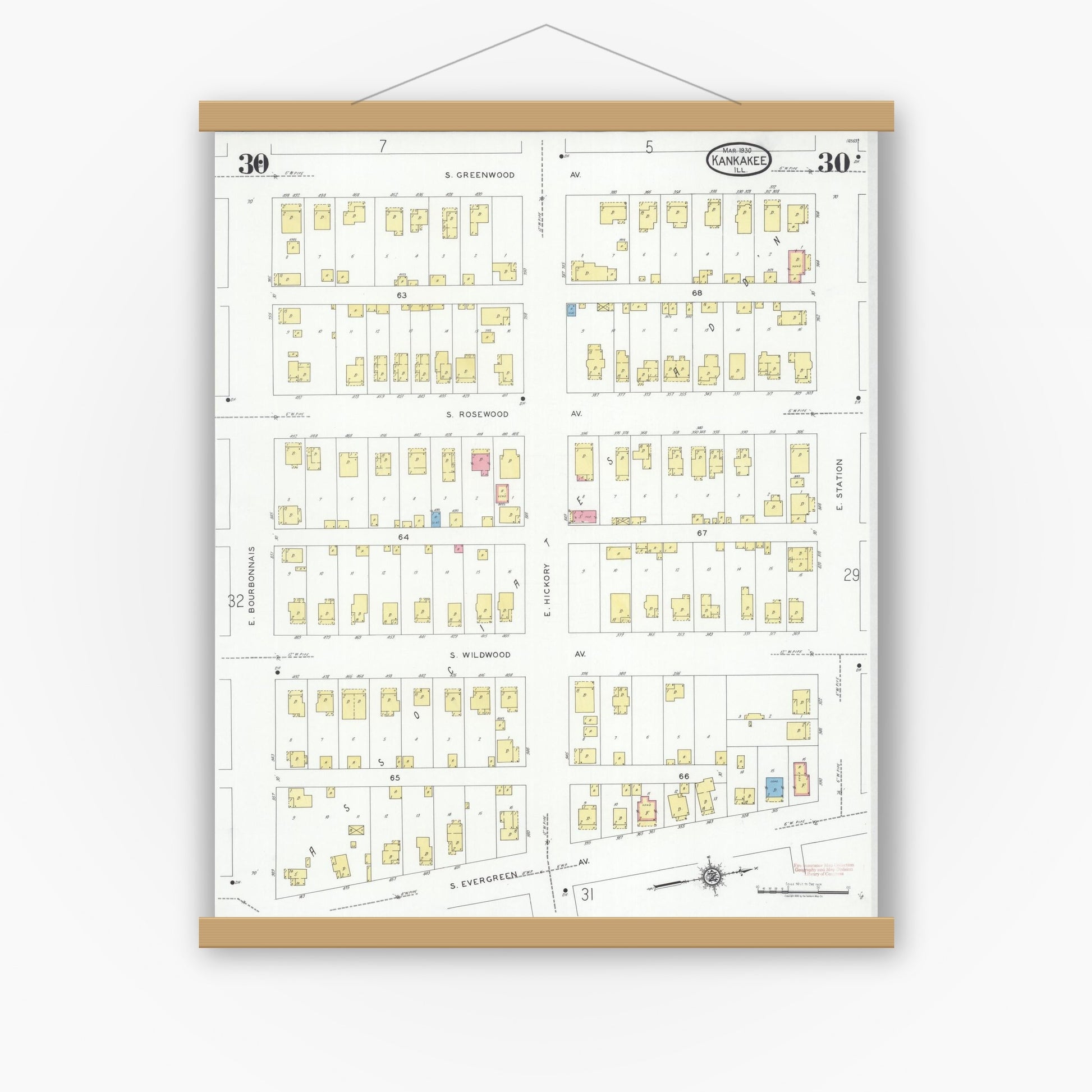 Old map wall art mockup — magnetic wood frame on white wall — Sanborn Fire Insurance Map from Kankakee, Kankakee County, Illinois (1930), Sheet #0030