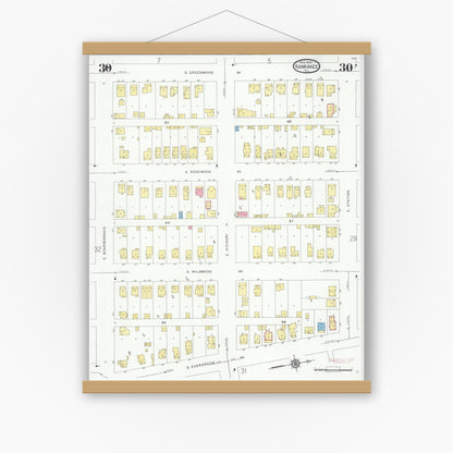 Old map wall art mockup — magnetic wood frame on white wall — Sanborn Fire Insurance Map from Kankakee, Kankakee County, Illinois (1930), Sheet #0030
