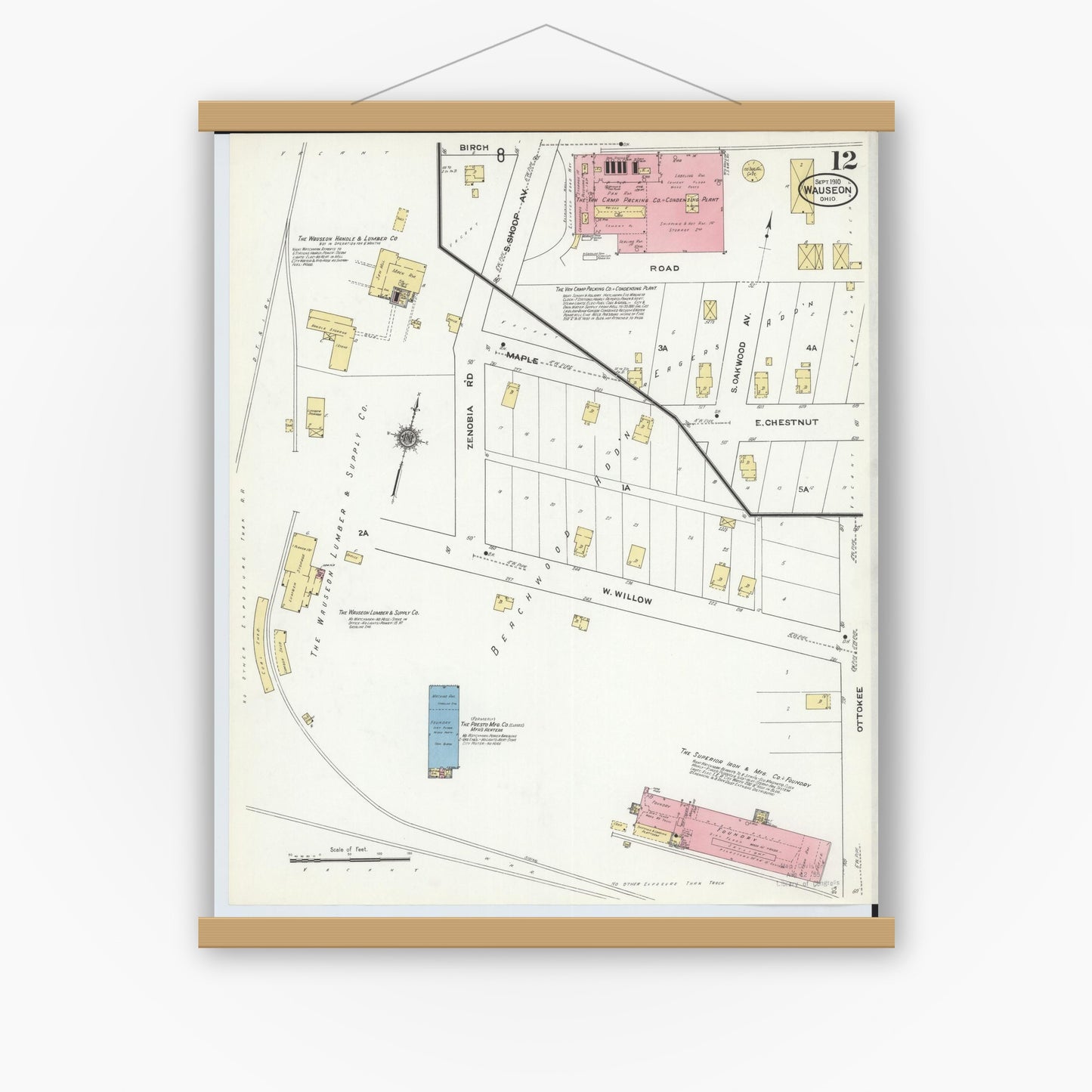 Old map wall art mockup — magnetic wood frame on white wall — Sanborn Fire Insurance Map from Wauseon, Fulton County, Ohio (1910), Sheet #0012