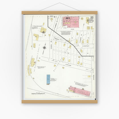 Old map wall art mockup — magnetic wood frame on white wall — Sanborn Fire Insurance Map from Wauseon, Fulton County, Ohio (1910), Sheet #0012