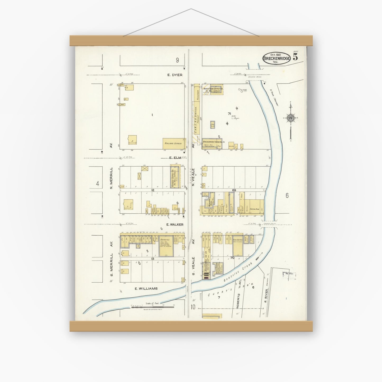 Old map wall art mockup — magnetic wood frame on white wall — Sanborn Fire Insurance Map from Breckenridge, Stephens County, Texas (1921), Sheet #0005