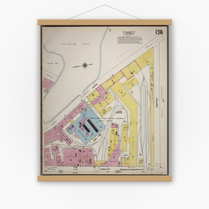 Old map wall art mockup — magnetic wood frame on white wall — Sanborn Fire Insurance Map from Worcester, Worcester County, Massachusetts (1910), Sheet #0136