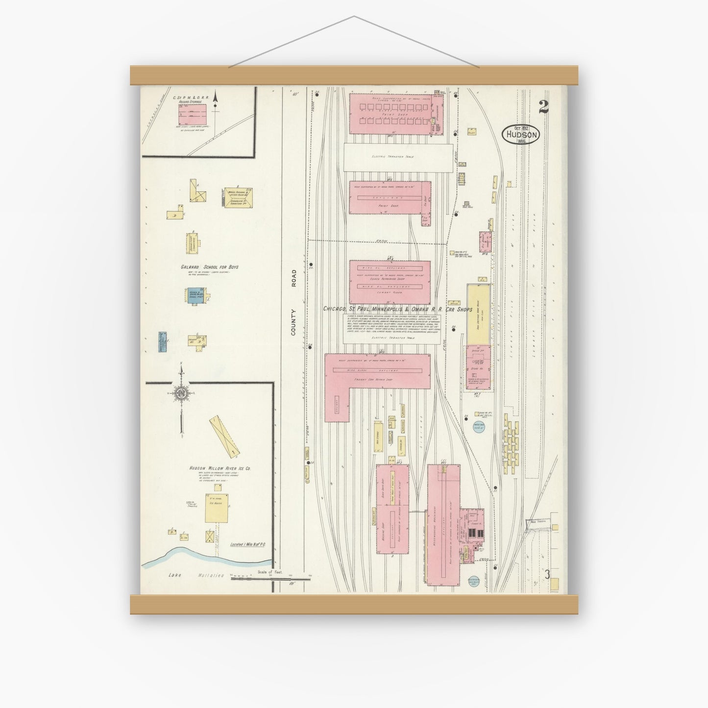 Old map wall art mockup — magnetic wood frame on white wall — Sanborn Fire Insurance Map from Hudson, St. Croix County, Wisconsin (1912), Sheet #0002