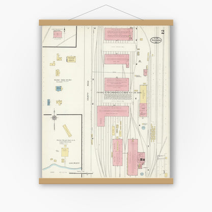Old map wall art mockup — magnetic wood frame on white wall — Sanborn Fire Insurance Map from Hudson, St. Croix County, Wisconsin (1912), Sheet #0002
