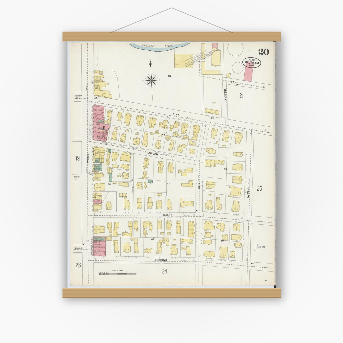 Old map wall art mockup — magnetic wood frame on white wall — Sanborn Fire Insurance Map from Waltham, Middlesex County, Massachusetts (1903), Sheet #0020