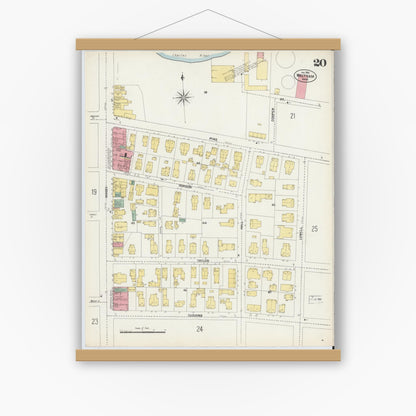 Old map wall art mockup — magnetic wood frame on white wall — Sanborn Fire Insurance Map from Waltham, Middlesex County, Massachusetts (1903), Sheet #0020