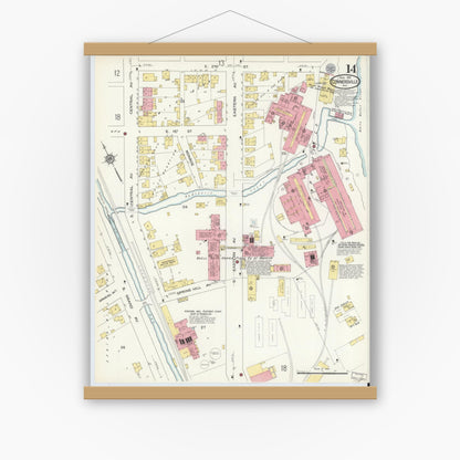 Old map wall art mockup — magnetic wood frame on white wall — Sanborn Fire Insurance Map from Connersville, Fayette County, Indiana (1913), Sheet #0014