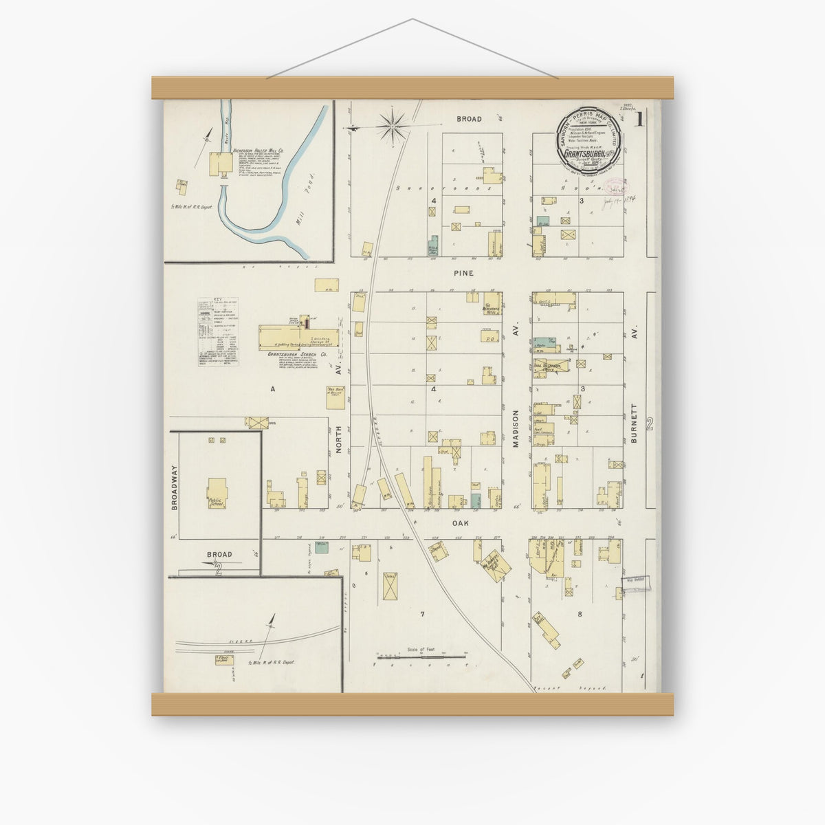 Old map wall art mockup — magnetic wood frame on white wall — Sanborn Fire Insurance Map from Grantsburg, Burnett County, Wisconsin (1894), Sheet #0001
