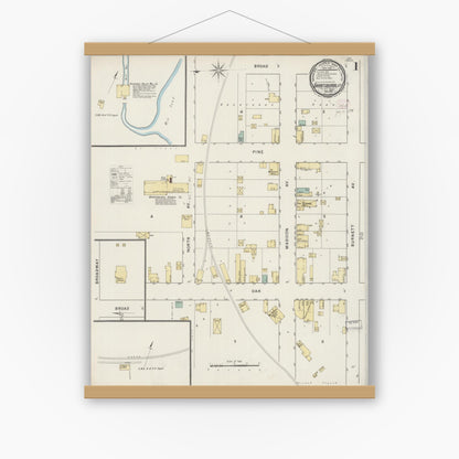 Old map wall art mockup — magnetic wood frame on white wall — Sanborn Fire Insurance Map from Grantsburg, Burnett County, Wisconsin (1894), Sheet #0001