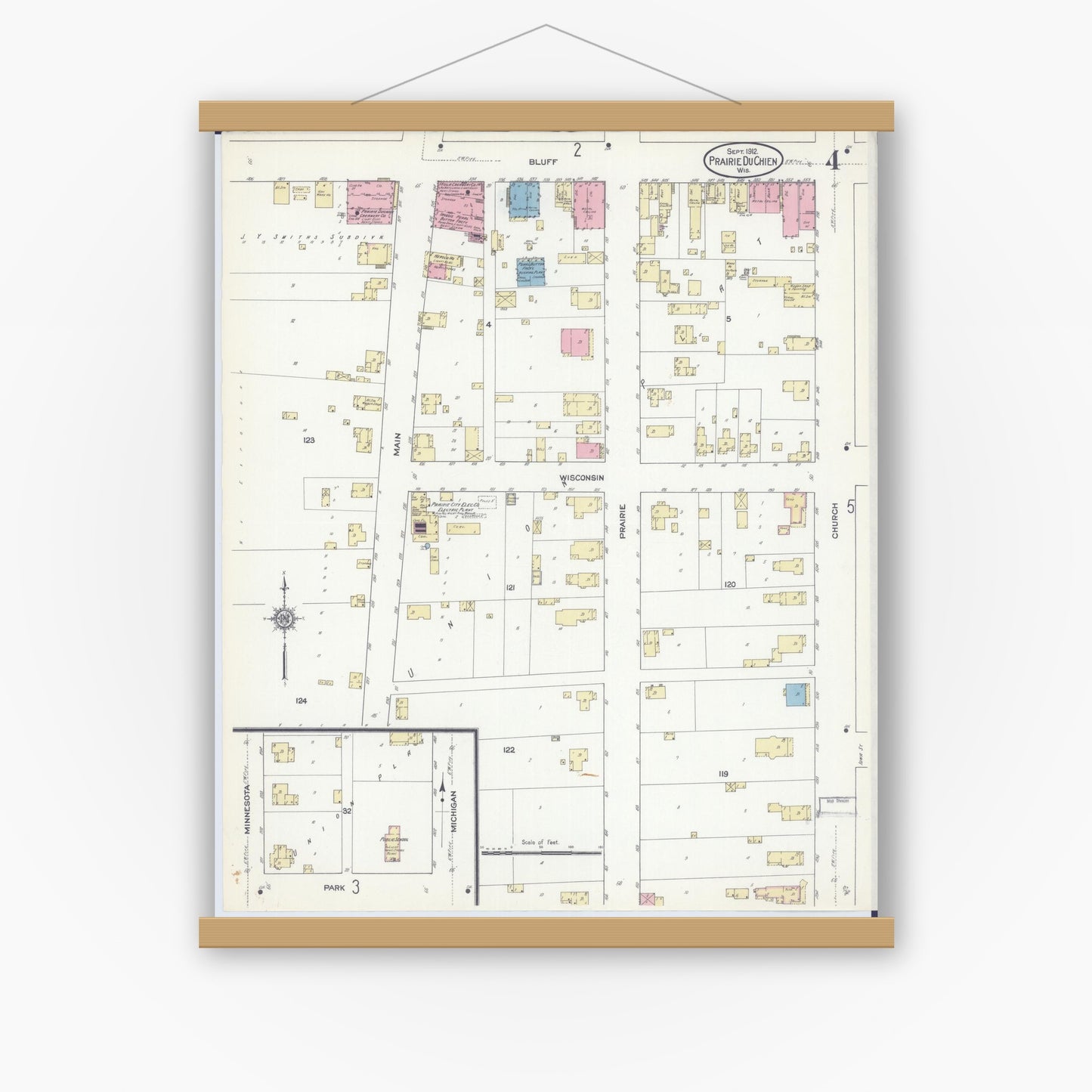 Old map wall art mockup — magnetic wood frame on white wall — Sanborn Fire Insurance Map from Prairie du Chien, Crawford County, Wisconsin (1912), Sheet #0004