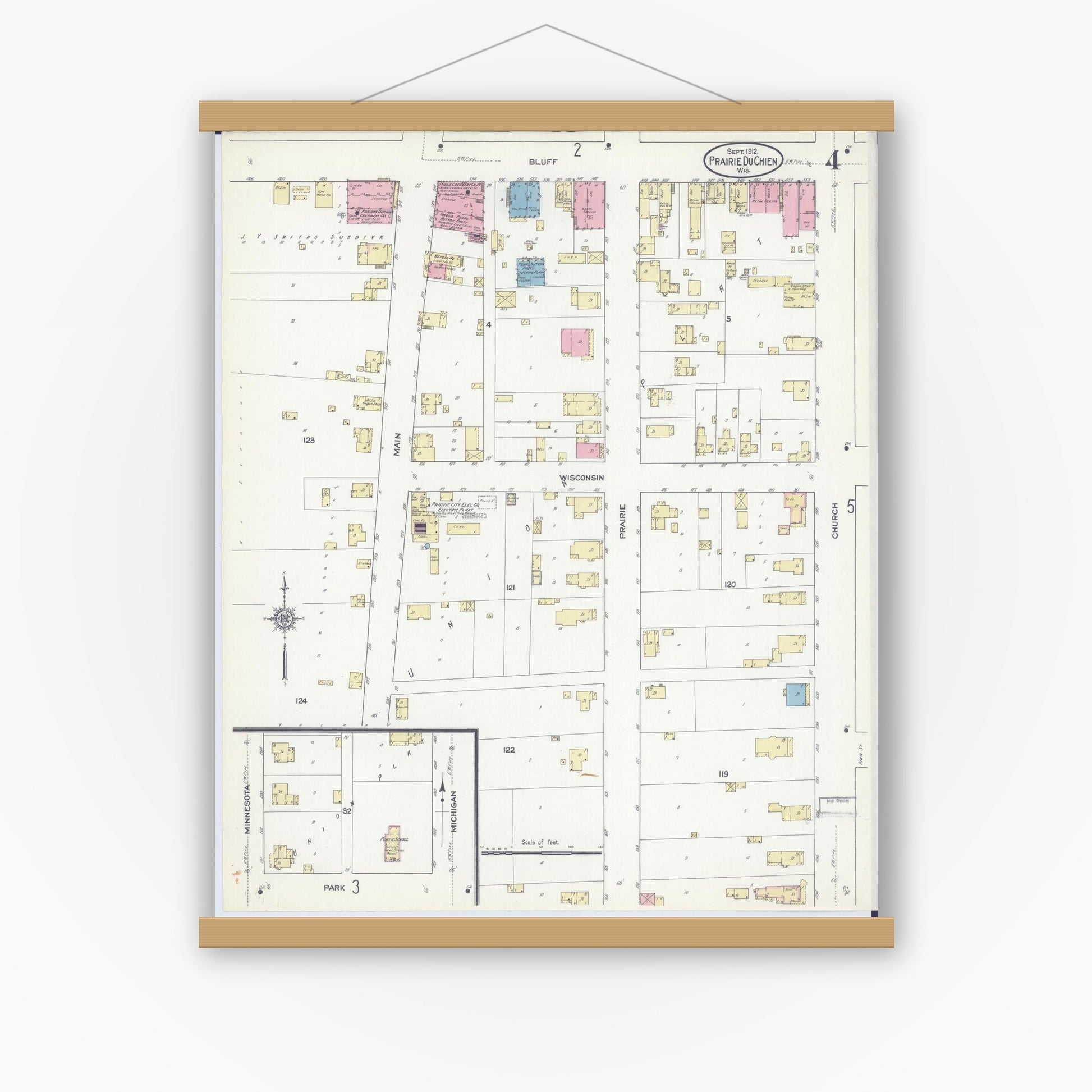 Old map wall art mockup — magnetic wood frame on white wall — Sanborn Fire Insurance Map from Prairie du Chien, Crawford County, Wisconsin (1912), Sheet #0004
