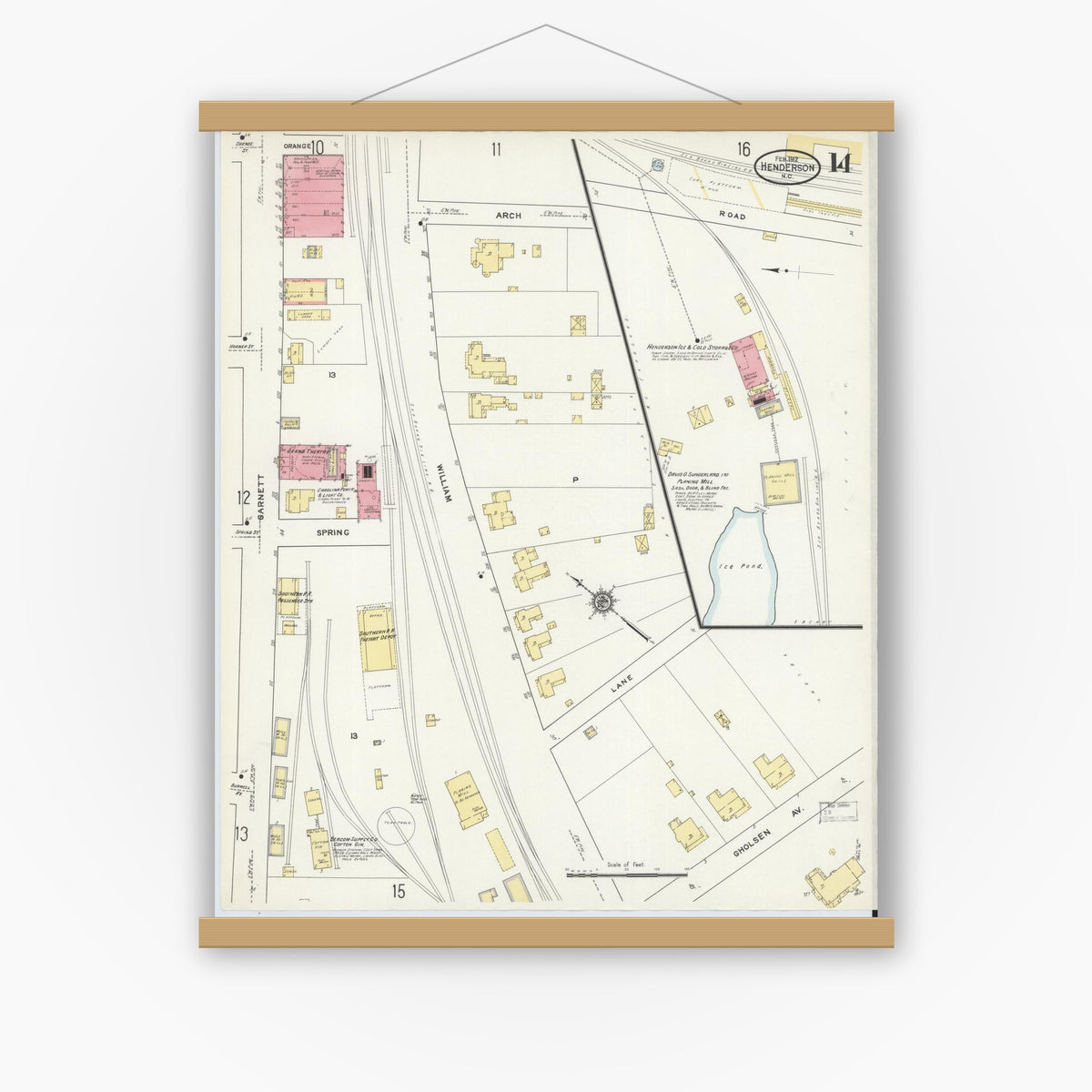 Old map wall art mockup — magnetic wood frame on white wall — Sanborn Fire Insurance Map from Henderson, Vance County, North Carolina (1912), Sheet #0014