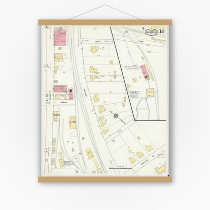 Old map wall art mockup — magnetic wood frame on white wall — Sanborn Fire Insurance Map from Henderson, Vance County, North Carolina (1912), Sheet #0014