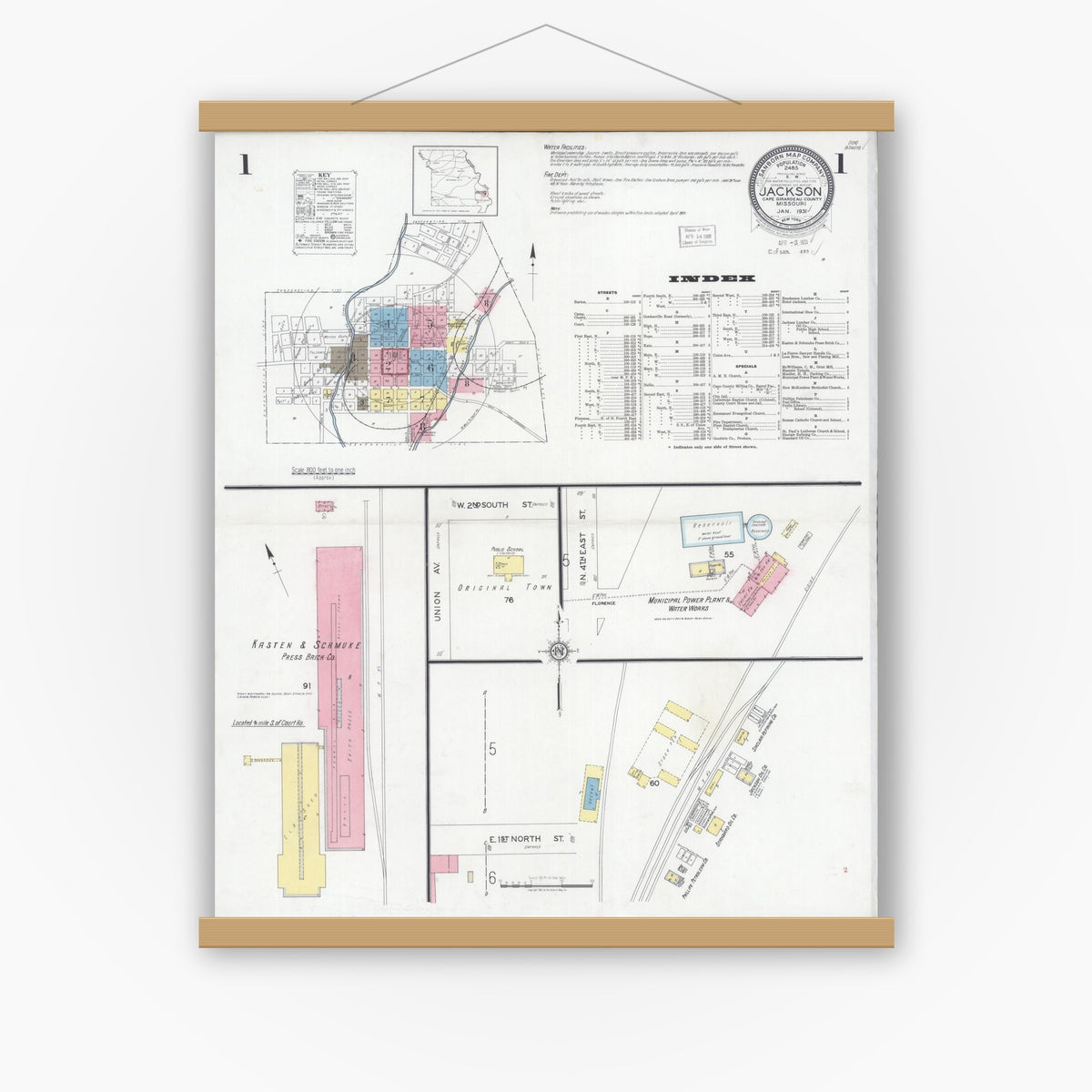 Old map wall art mockup — magnetic wood frame on white wall — Sanborn Fire Insurance Map from Jackson, Cape Girardeau County, Missouri (1931) - Complete Map Set