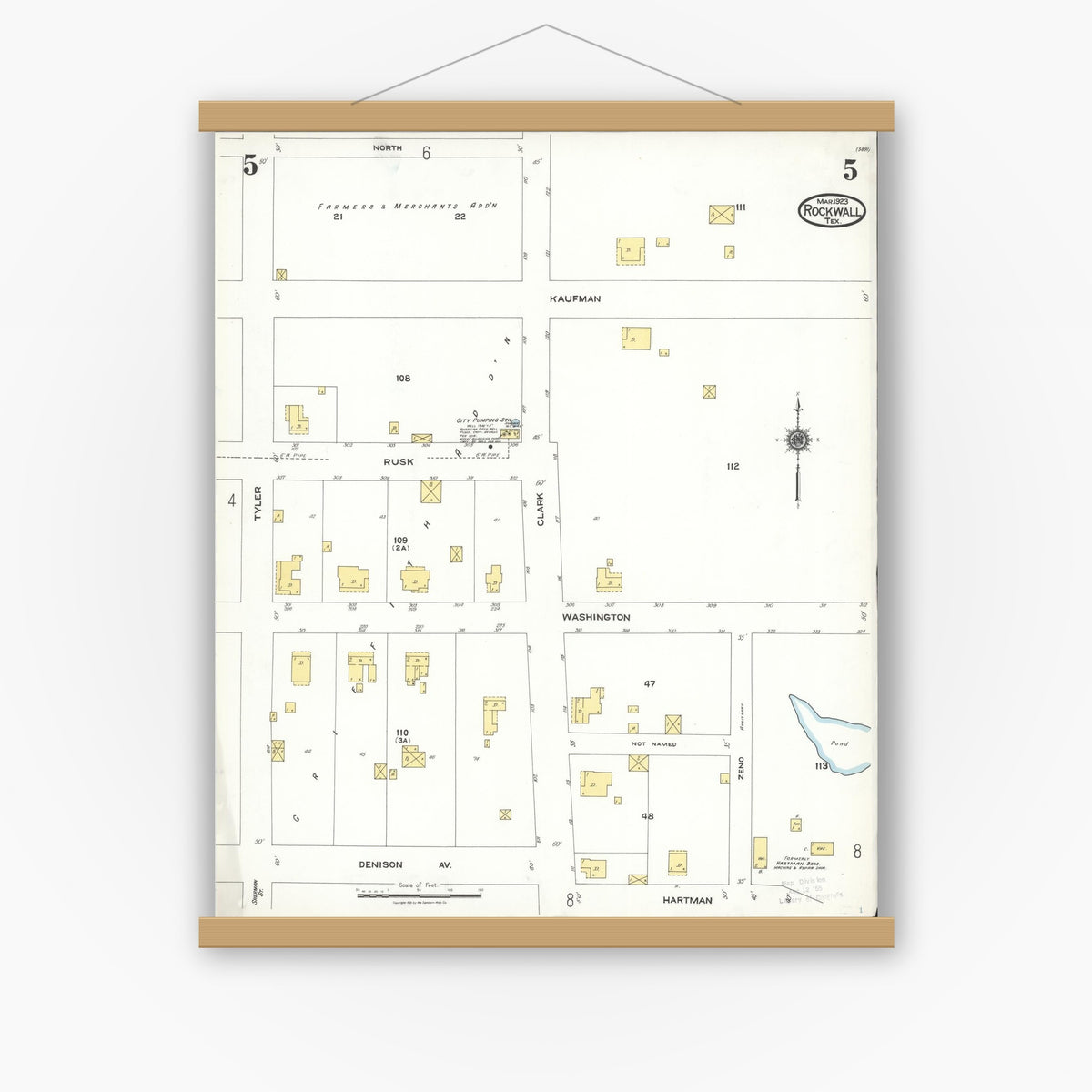 Old map wall art mockup — magnetic wood frame on white wall — Sanborn Fire Insurance Map from Rockwall, Rockwall County, Texas (1923), Sheet #0005