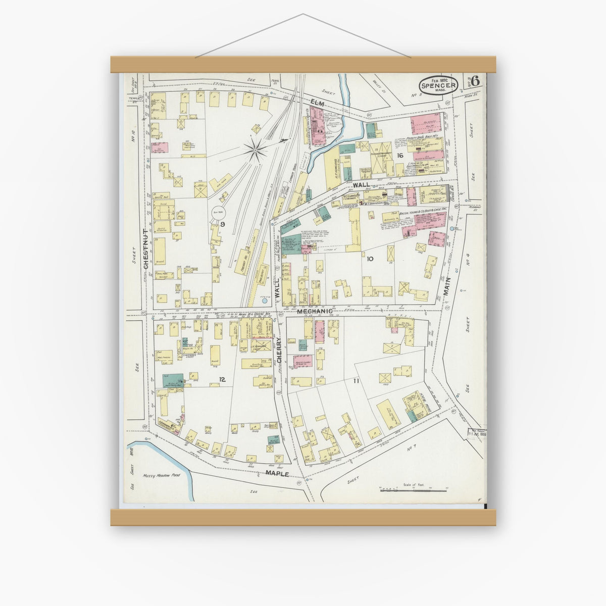 Old map wall art mockup — magnetic wood frame on white wall — Sanborn Fire Insurance Map from Spencer, Worcester County, Massachusetts (1892), Sheet #0006