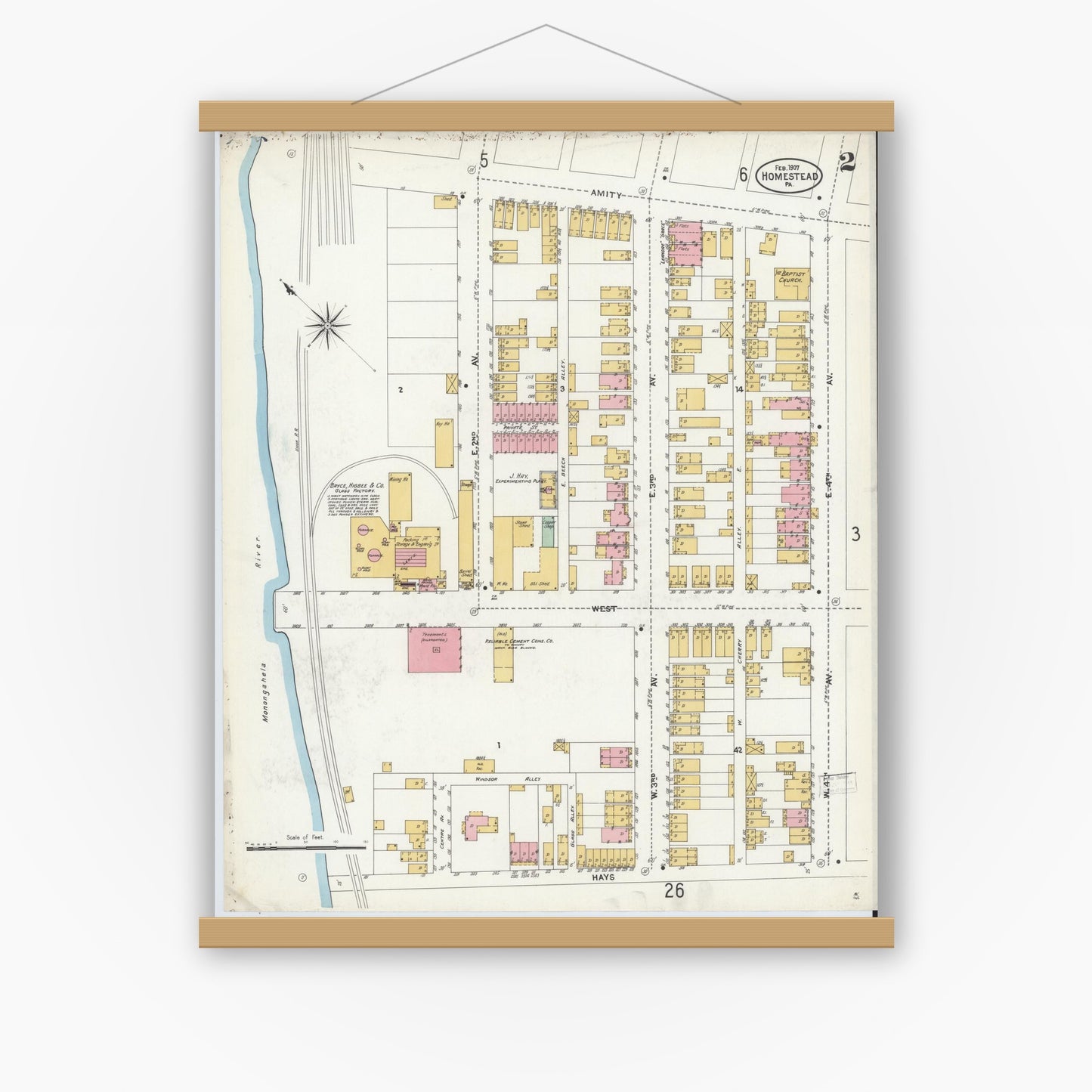 Old map wall art mockup — magnetic wood frame on white wall — Sanborn Fire Insurance Map from Homestead, Allegheny County, Pennsylvania (1907), Sheet #0002