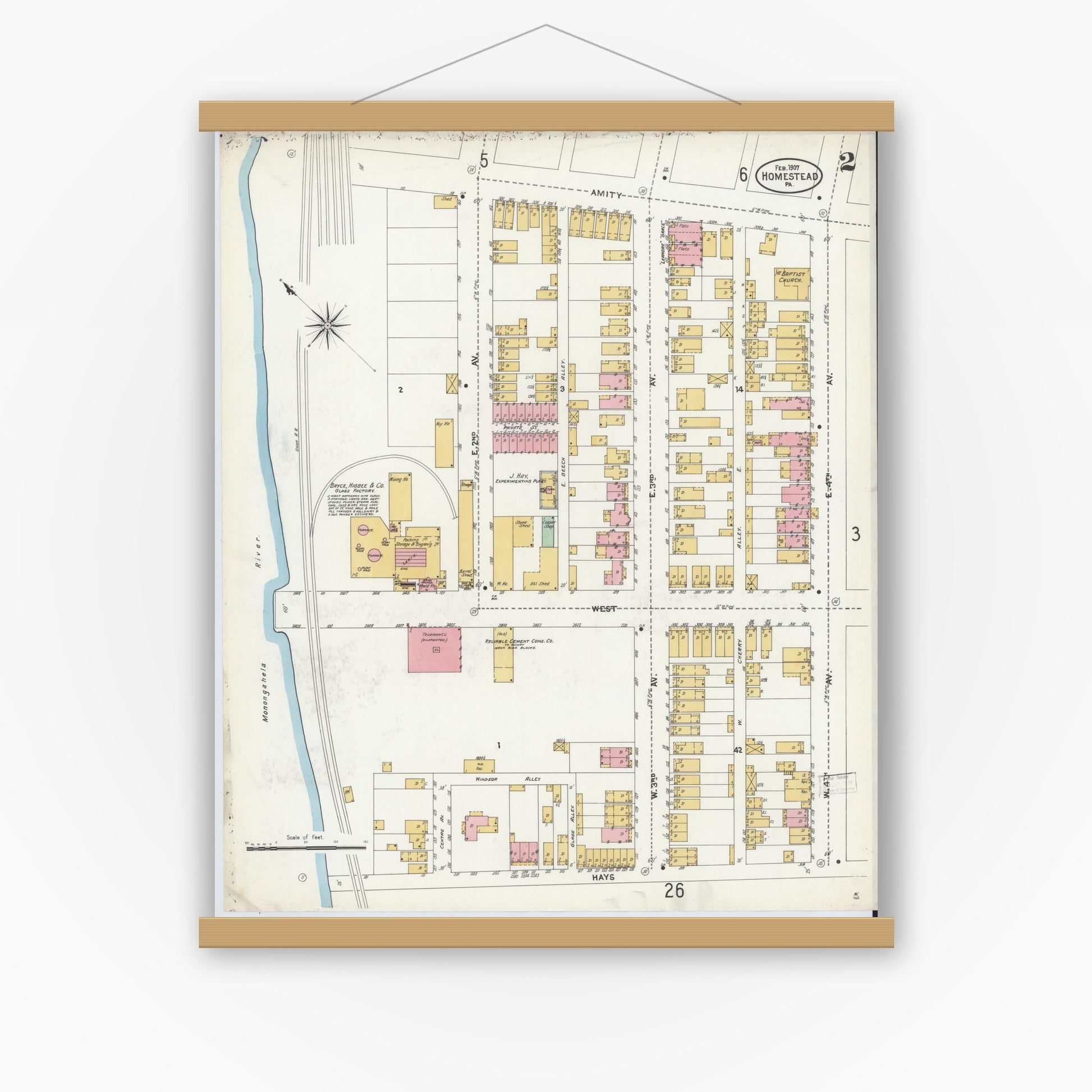 Old map wall art mockup — magnetic wood frame on white wall — Sanborn Fire Insurance Map from Homestead, Allegheny County, Pennsylvania (1907), Sheet #0002