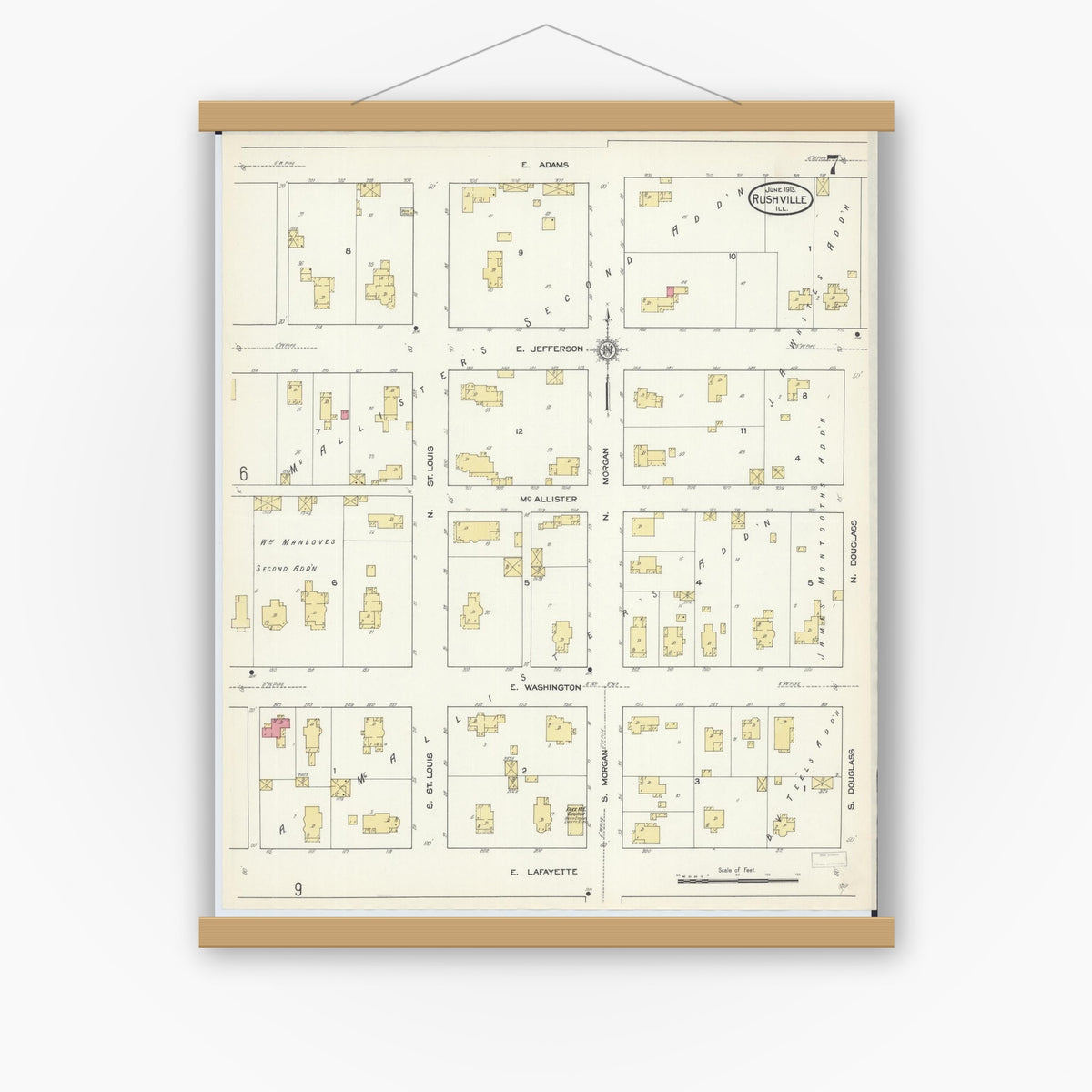 Old map wall art mockup — magnetic wood frame on white wall — Sanborn Fire Insurance Map from Rushville, Schuyler County, Illinois (1913), Sheet #0007