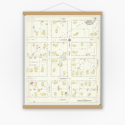 Old map wall art mockup — magnetic wood frame on white wall — Sanborn Fire Insurance Map from Rushville, Schuyler County, Illinois (1913), Sheet #0007