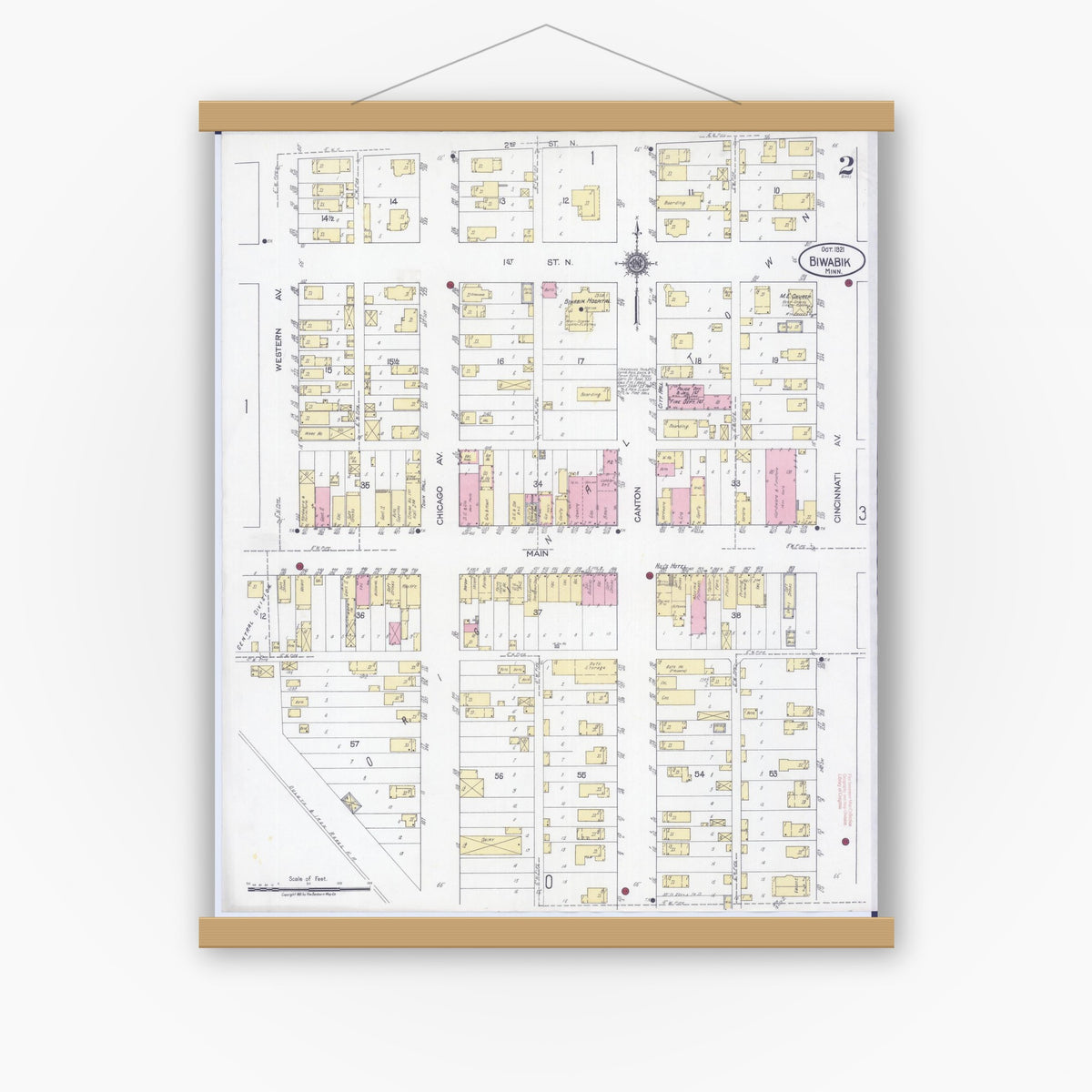 Old map wall art mockup — magnetic wood frame on white wall — Sanborn Fire Insurance Map from Biwabik, Saint Louis County, Minnesota (1921), Sheet #0002